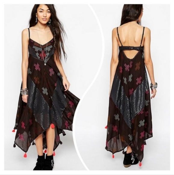 Free People Dresses & Skirts - Free People Crossing Paths Pom Tassel Asymmetrical Hem Midi Dress XS